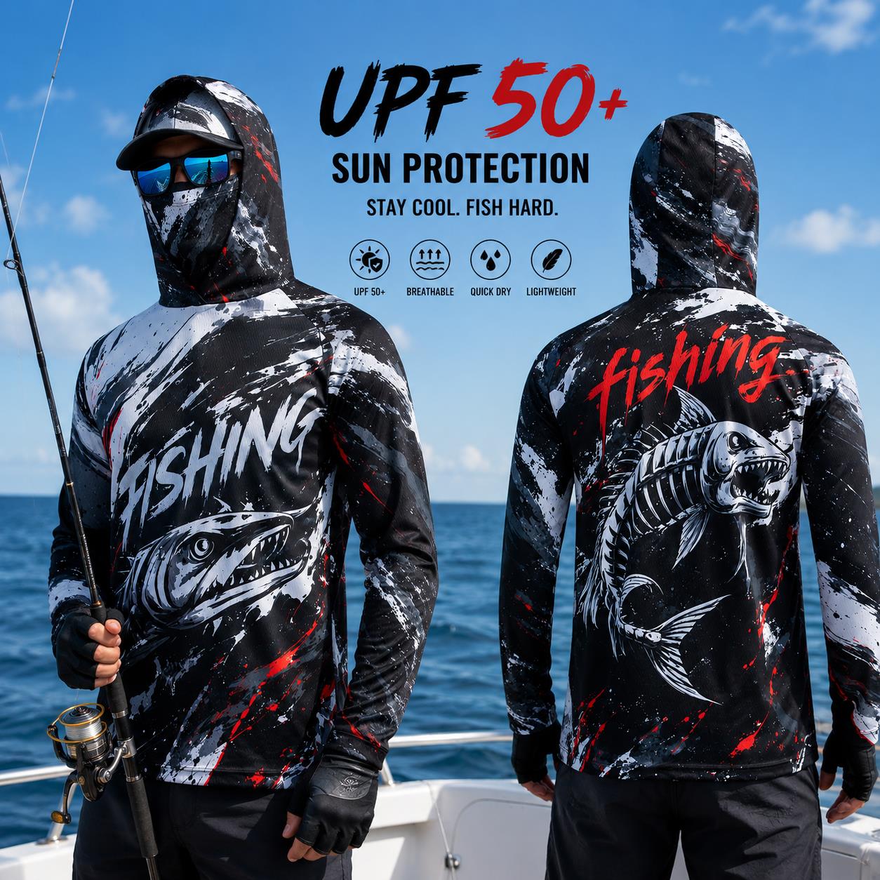 Fishing Hoodie - Heren vissershirt met capuchon, UPF-zonbescherming, ademend,