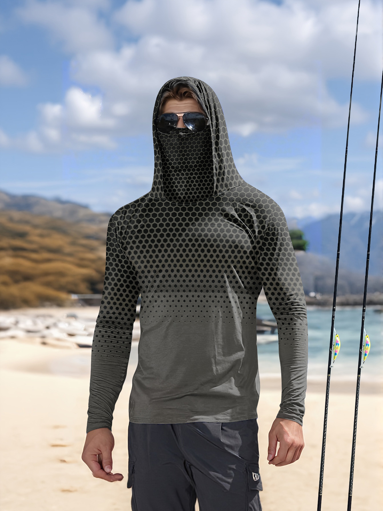 Fishing Hoodie - Grijs gradiënt honingraatpatroon Heren Vissersshirt met